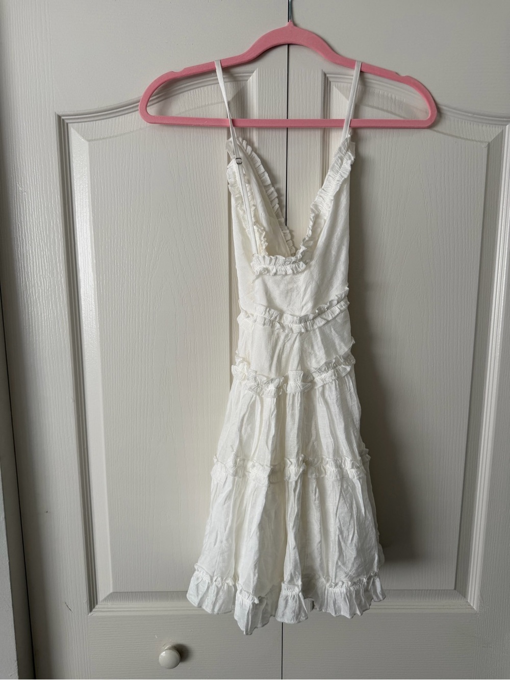 White V-Neck Ruffle Mini Dress - Women's Sleeveless - Picture 7 of 7